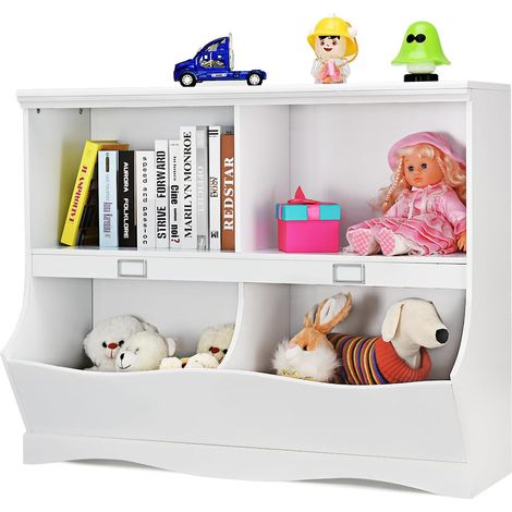 COSTWAY Bibliothèque Enfants avec 4 Compartiments, Meuble de Rangement Jouets & Livres avec Base en Forme Vague, Coins Arrondis, Idéal pour Salon Chambre Bureau, 105,5 x 39,5 x 84 cm (1/5)