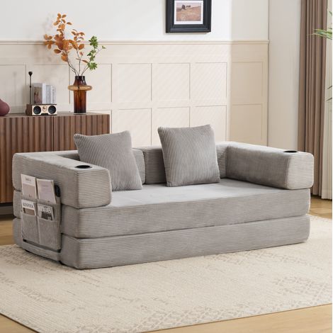 Sofá cama de suelo de tejido de pana gris claro HAVRYA (1/5)
