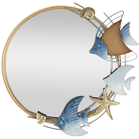 Specchio da parete Marine tondo con decoro pesci in metallo e legno 72x71 cm