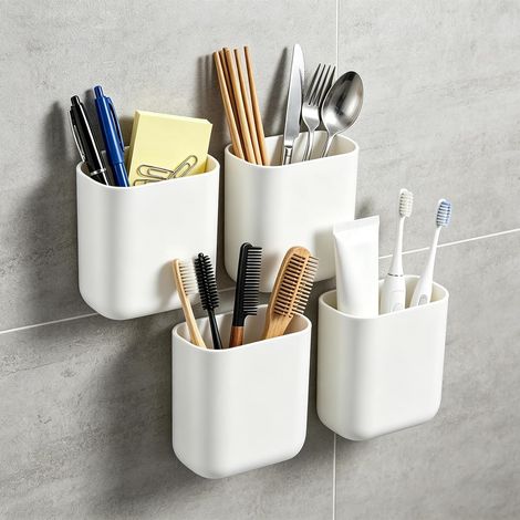 Juego de 4 soportes para cepillos de dientes sin necesidad de taladrar, 9 x 5,5 x 10 cm, soporte de pared para cepillos de dientes, organizador de cepillos de dientes de ABS con orificio de drenaje pa (1/5)