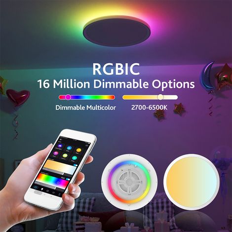 Ortviai Plafonnier LED intelligent 30 W, WiFi/Bluetooth, RGBIC + CCT (2700–6500 K), télécommande 2,4 GHz, application mobile