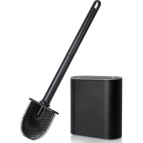 Brosse WC en silicone pour une, avec manche en plastique antidérapant, fixation murale et base à fentes d'aération pour toilettes de salle de bain (1/5)