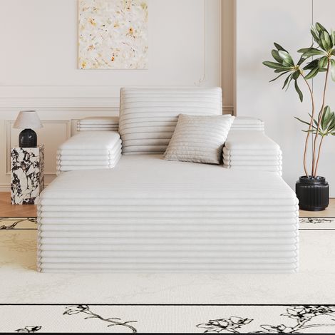 Canapé moelleux en velours côtelé (115x159 cm), assise spacieuse, récamière, convertible sans cadre, garnissage mousse, prêt à l'emploi, compact pour séjour, chambre, studio, teinte blanche (1/5)
