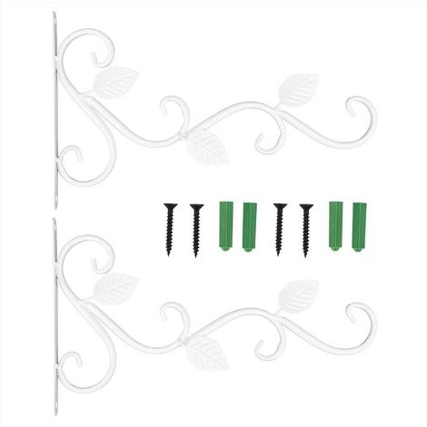 Support mural pour plantes - Lot de 2 crochets en fer blanc 30 cm - Porte-jardinière rétro - Jardin et balcon - Blanc (1/5)