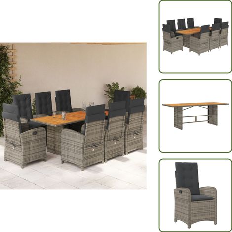 The Living Store Set da Pranzo da Giardino 9 pz con Cuscini in Polyrattan Grigio - Sedie da giardino reclinabili