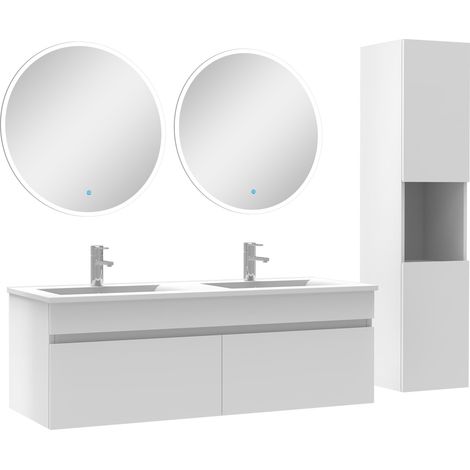 Ocean Ensemble Salle De Bain avec colonne et miroir rond 120cm meuble blanc (1/5)