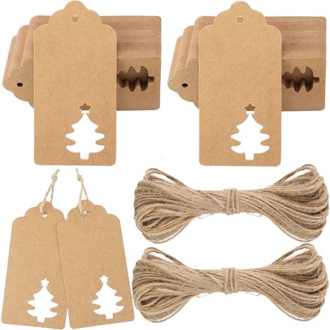 Étiquettes de cadeau de Noël en craft, lot de 100, papier kraft à suspendre, avec 30 m, idéal pour décorer un sapin de Noël, fait à la main marron
