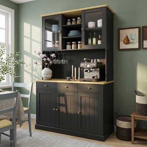 Buffet haut avec portes vitrées et grand rangement meuble de cuisine salle à manger vaisselier en panneaux noir mat 120x40x191 cm