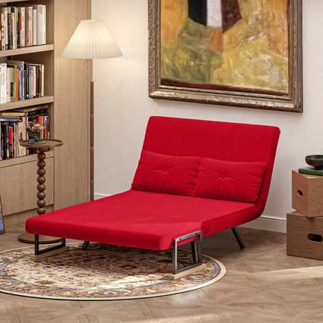 Sofá cama de terciopelo con respaldo ajustable y 2 cojines, 102x73x81 cm, rojo.