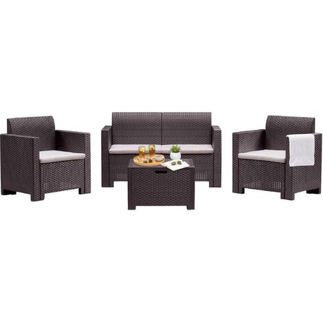 Dmora – Ensemble de salon de jardin 4 places – Plastique renforcé effet rotin – Coussins inclus – Table basse transformable – 100% recyclable (1/5)