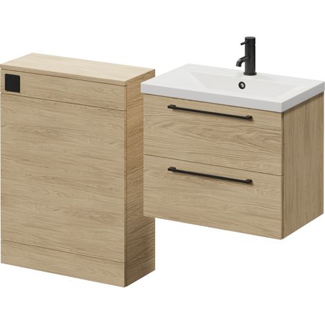 Napoli 390 Cento Light Oak 1200mm Wall Mounted 2 Drawer Vanity Unit and Toilet Suite with Glide Basin - 1200mm - Matt Black 320mm HandleWithout Kingston Toilet Pan