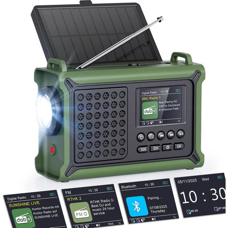 Radio d'urgence Solaire 12000mAh avec Bluetooth, Radio Numérique Portable Dab+/Dab/FM avec Manivelle 650mA et Panneau Solaire 8500mm², Écran Couleur 2,4", 80 Stations, Lampe LED, USB, SOS, IPX6 (1/5)