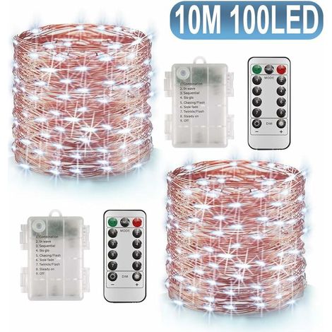 Fairy Lights Battery Operated, 10M 100 LEDs 8 Modes Copper Wire String Lights with Remote Control and Timer, Waterproof Firefly Lights for Christmas Wedding Decoration, 2 Pack (Cold White) (1/5)