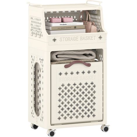 Cesta para la ropa con ruedas y estante, plegable, beige, 30 l