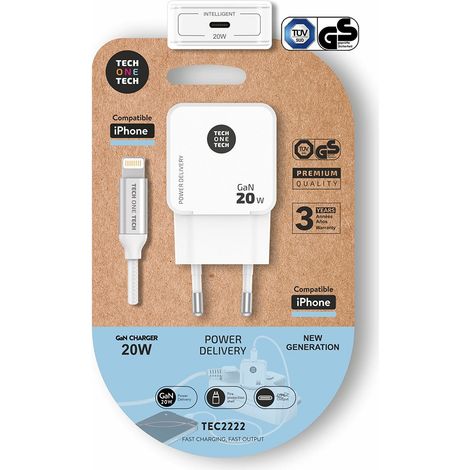 Cargador de Pared Tech One Tech TEC2222/ 1xUSB Tipo-C + Cable Lightning/ 20W/ Blanco