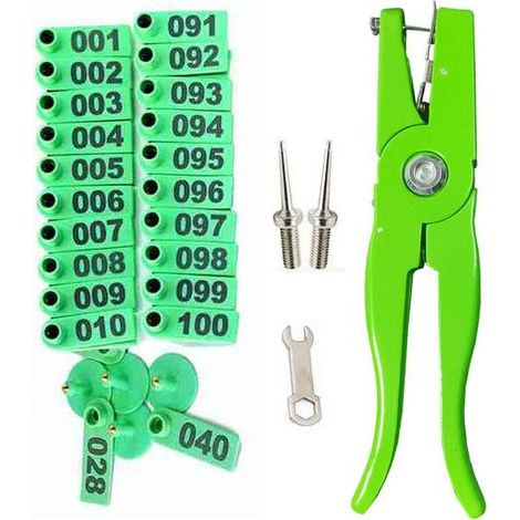 [NEVER USED]  Ear tag pliers for livestock for installing ear tags on cattle, sheep, pigs with 100 tags, 2-piece pin wrench (green),