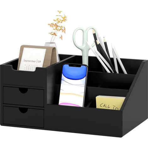 Boite de Rangement de Bureau - Organiseur de Bureau - 7 Compartiments, 2 tiroirs - Bambou Verni Noir (1/5)