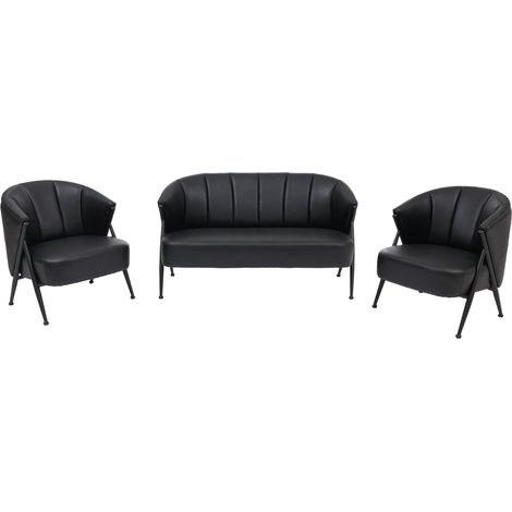 Set da salotto HHG-688, divano a 2 posti, 2 poltrone, stile vintage retrò industriale, metallo, ecopelle, nero