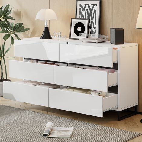Buffet de salon 140x39,5x78,5 cm placard 6 tiroirs commode très brillante 3 pieds métalliques grande capacité blanc+noir-Chi (1/5)