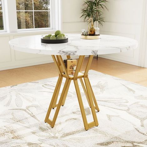 Table de salle à manger 100x100, plateau marbré MDF, pieds dorés (1/5)