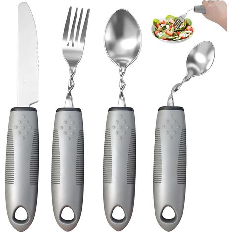 Set 4 Pièces Fourchette Vibrante Regime, Conception Ergonomique Assistive Eating Utensils, Manches épaissis Ustensiles D'aide à L'alimentation, Couteau, Fourchette, Cuillère, Couvert Poignées (1/5)