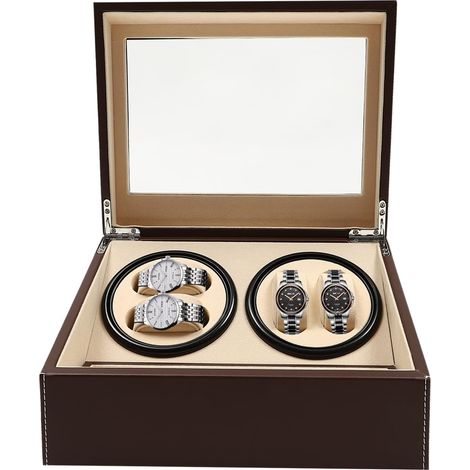 Uhrendreher Uhrenbox, Automatische Uhrenbeweger Box 100-240V Uhrenbeweger für 4 Automatikuhren + 6 Gitter Uhrenspeichergehäuse Leiser Motor Braun (1/5)