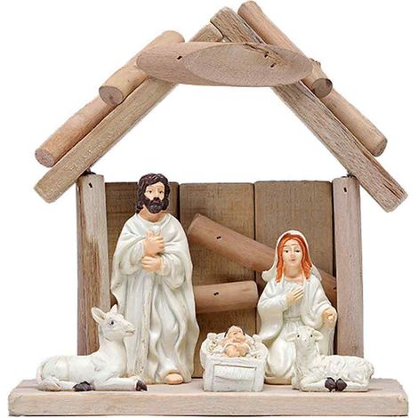 Crèche de noël sculptée avec 3 Santons Christmas Balancier créatif de table décoratif - couleur bois brut (1/5)