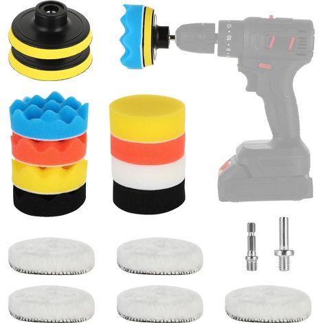 Kit de Polissage Voiture 17 Pièces 80mm - Tampons Éponge et Laine avec Adaptateur M10 pour Perceuse - Disques de Polissage Cire