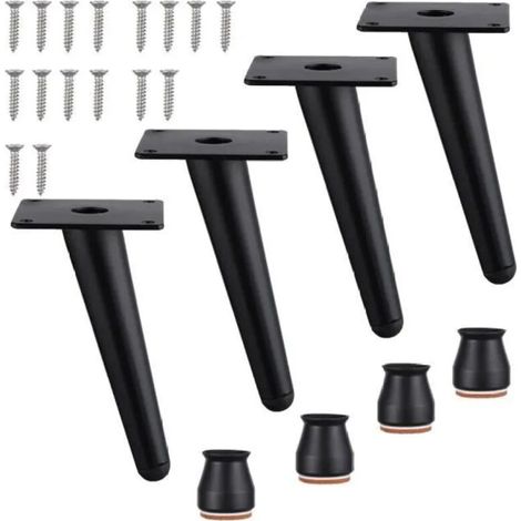 4PCS Pieds de Meuble en Métal 15CM Pieds de Canapé avec Vis et Tapis Antidérapants, Pieds pour Table Lit Canapé, Noir