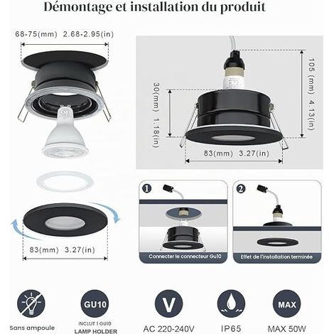 Plafond Spot, Downlight Encastrable Plafonnier, Spots étanche Salle de bain, Pour Salle de bain et Cuisine, Dimensions du trou Ø70mm, Douille GU10 (1/3)