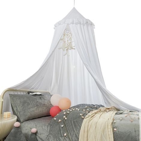 Cabane dans les arbres pour enfants à dôme à pompons, installation sans perçage, rideau de lit, ombrage, manteau de lit, moustiquaire artisanale en coton lavable à l'eau, 1 pièce. (1/5)