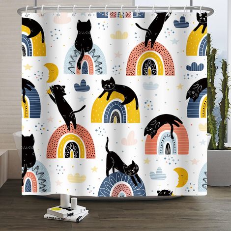 180x243cm Mignon Animal Rideau de Douche Abstrait Dessin animé Le Noir Chat Coloré Arc-en-Ciel Rideau de Bain Animaux domestiques Rideau de Baignoire pour Enfant Salle de Bain avec Crochets (1/5)
