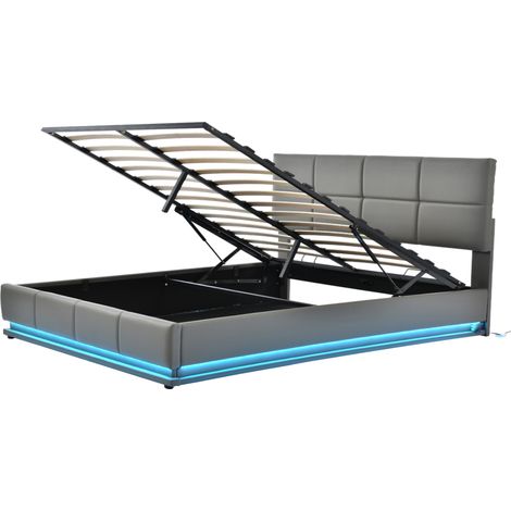 Lit double 160 x 200 cm avec LED, sommier métallique et coffre de rangement gris sans matelas (1/5)