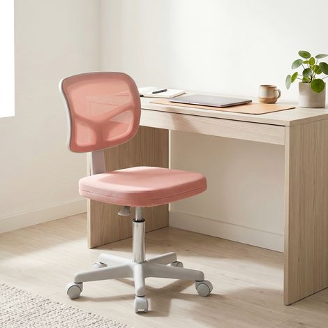 Chaise bureau ergonomique sans accoudoirs, pivotant, dossier courbé maille roulettes rose. Confort et respirabilité pour un espace de travail moderne et coloré. (1/5)