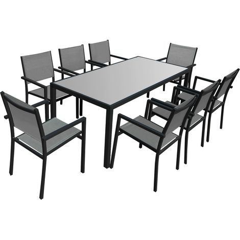 Happy Garden – Ensemble table et chaises de jardin 8 places – Structure aluminium anthracite – Revêtement textilène gris – Plateau verre trempé