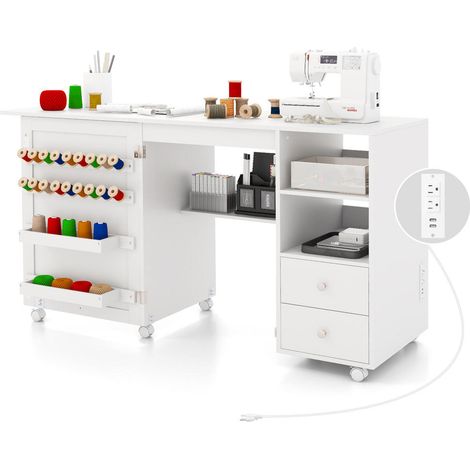 Pour machine à coudre, table de couture avec station de charge, pour bureau ou salon, design pliable blanc (1/5)