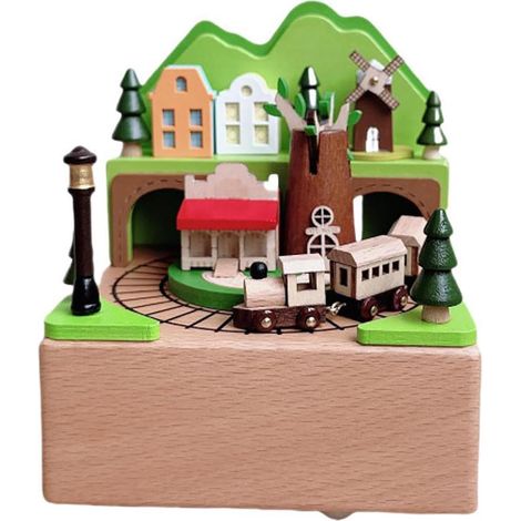 Vintage-Spieluhr aus Holz, ländliche Eisenbahn mit Musikwerk, handgefertigtes Oktavformat, Dekoration für Zuhause oder Theke (fahrende Eisenbahn)