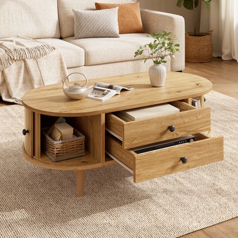 DESMIU Table basse ovale avec 2 tiroirs et portes coulissantes pour salon, en MDF, chêne, 100 × 50 × 40 cm (1/5)