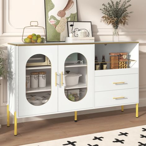 Buffet moderne blanc 140 x 38 x 90 cm, 2 tiroirs, 2 portes vitrées, étagères, passe-câbles, poignées et pieds dorés (1/5)