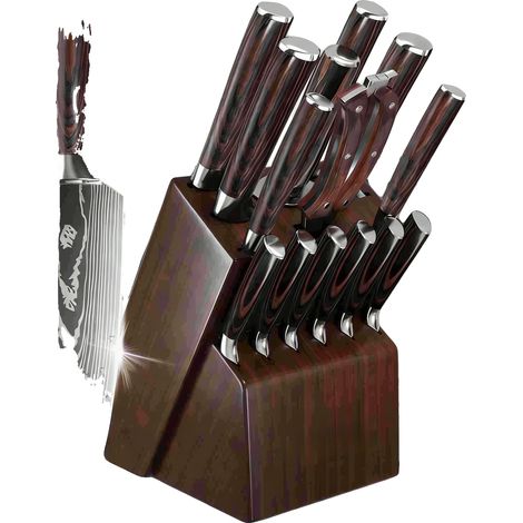 Juego de 16 cuchillos de cocina, hojas de acero inoxidable 7cr17Mov, longitud de la hoja: 20,5 cm, longitud del mango: 13 cm, mangos ergonómicos de madera. (1/5)