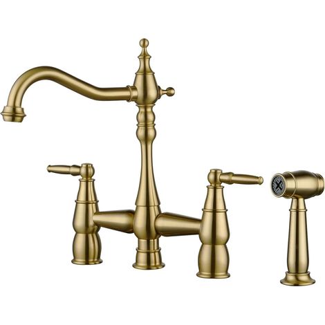 Mittelarmatur für Küchenspülen, 4-Loch-Messingarmatur mit 360°-Schwenkarm, 2-Griff-Vintage-Armatur (20 cm) zur Deckmontage mit seitlicher Brause, gebürstetes Gold (1/5)