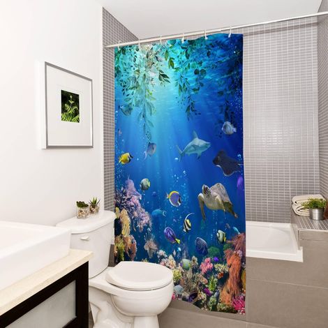 Rideau de douche étroit 90 cm de large, Monde sous-marin océanique tropical anti-moisissure imperméable en tissu pour salle de bain baignoire, 90 x 180 cm, Bleu vif (1/5)