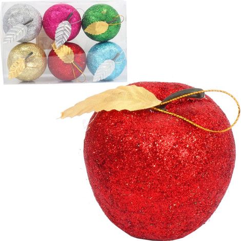 Juego de 6 adornos de plástico multicolor con forma de manzana y purpurina. (1/5)