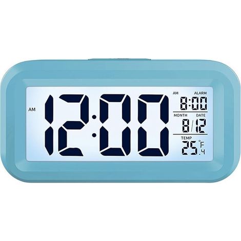 Digitaler Wecker fürs Schlafzimmer, batteriebetriebener Tischwecker, digitaler Wecker mit intelligentem Nachtlicht, 12/24-Stunden-Anzeige – °C/°F – Datum, für Jugendliche, Erwachsene und Kinder, Blau,