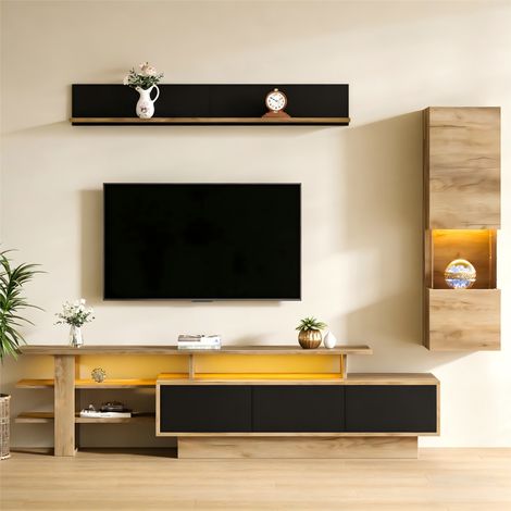 TV Wohnwand Set 3-teilig mit LED-Beleuchtung, Naturholz und Schwarz, TV Schrank bis 80 Zoll (1/5)
