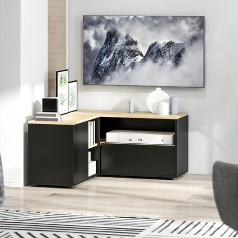 Meuble TV d'angle en chêne noir pour écran jusqu'à 40 pouces avec 2 placards et 3 niches dimensions 90x90x45 cm parfait pour le salon (1/5)