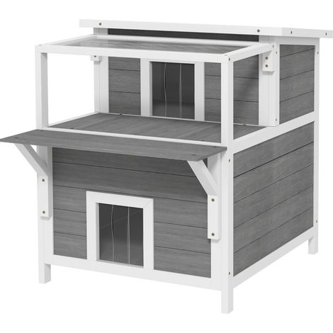 Casa para gatos de dos pisos con balcón, resistente a la intemperie, protege de la lluvia y el sol, interior y exterior, gris claro (1/5)