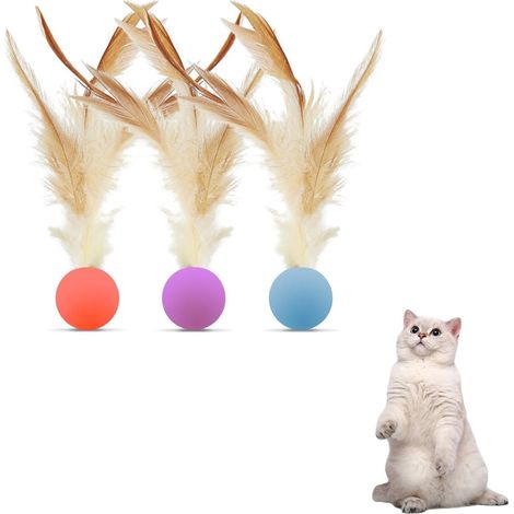 Lot de 3 jouets pour chats : balle, jouet à plumes, balle élastique à plumes (3 x 13 cm), orange, bleu, violet. (1/5)