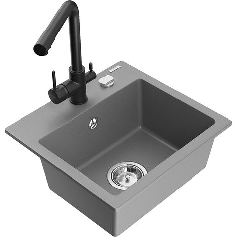 Mexen Milo évier en granit 1 bac avec robinet de cuisine Duero, gris - 6505-71-671600-70 (1/5)