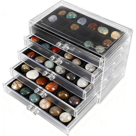 Rock Vitrine à 5 étages 90 compartiments pour ranger les minéraux, les petits objets de collection, cristaux fossiles, pierres précieuses, minéraux (23,5 x 13,5 x 17 cm) (1/5)